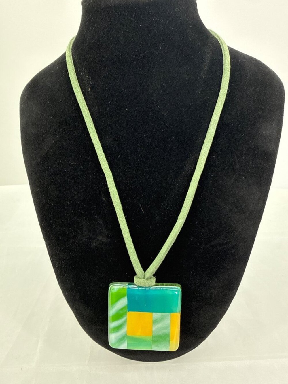 VTG Artisan Fused Glass Quilt Square Pendant Necklace Sage Green Suede Cord Boho